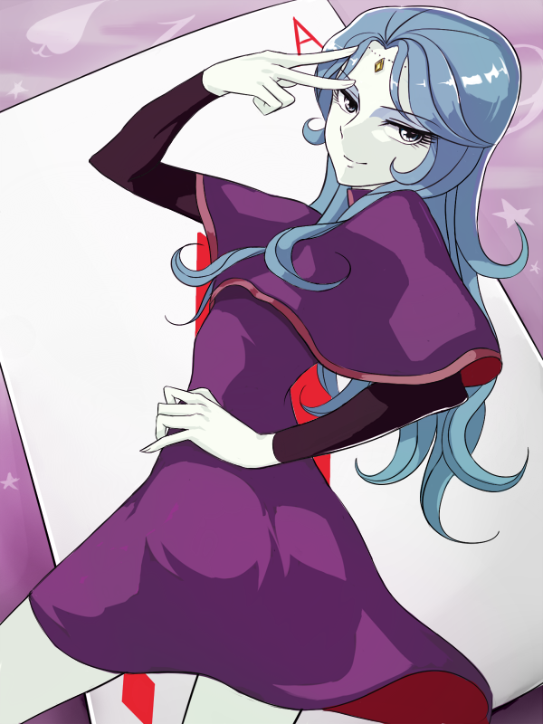 1girl ass bad_id bad_pixiv_id blue_hair capelet card cowboy_shot dress eyeshadow female_focus forehead_jewel fushoku hand_on_own_hip hibiki_non light_smile long_hair long_sleeves looking_back majokko_megu-chan makeup pale_skin playing_card purple_dress short_dress solo v