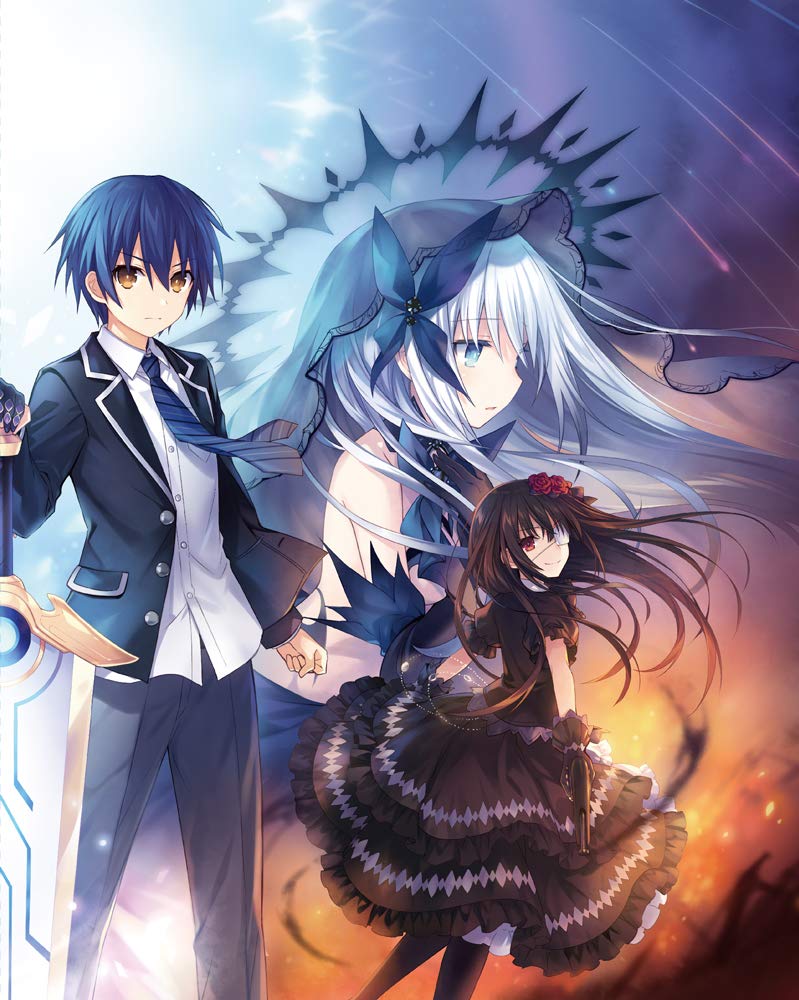 1boy bare_shoulders black_dress black_halo black_veil blue_eyes blue_hair blue_necktie brown_eyes closed_mouth commentary_request date_a_live diagonal-striped_clothes diagonal-striped_necktie dress eyepatch floating_hair grey_pants hair_between_eyes halo holding holding_sword holding_weapon itsuka_shidou jacket lapels long_hair looking_at_viewer looking_back medical_eyepatch necktie notched_lapels official_art open_clothes open_jacket pants parted_lips red_hair second-party_source shirt short_hair sky smile striped_clothes sword tobiichi_origami tokisaki_kurumi tsunako veil weapon white_hair white_shirt
