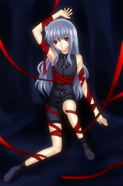 1boy arm_up black_background black_shoes expressionless grey_hair irino junior long_hair looking_at_viewer r.o.d_the_tv read_or_die red_eyes red_ribbon ribbon shoes simple_background sleeveless solo