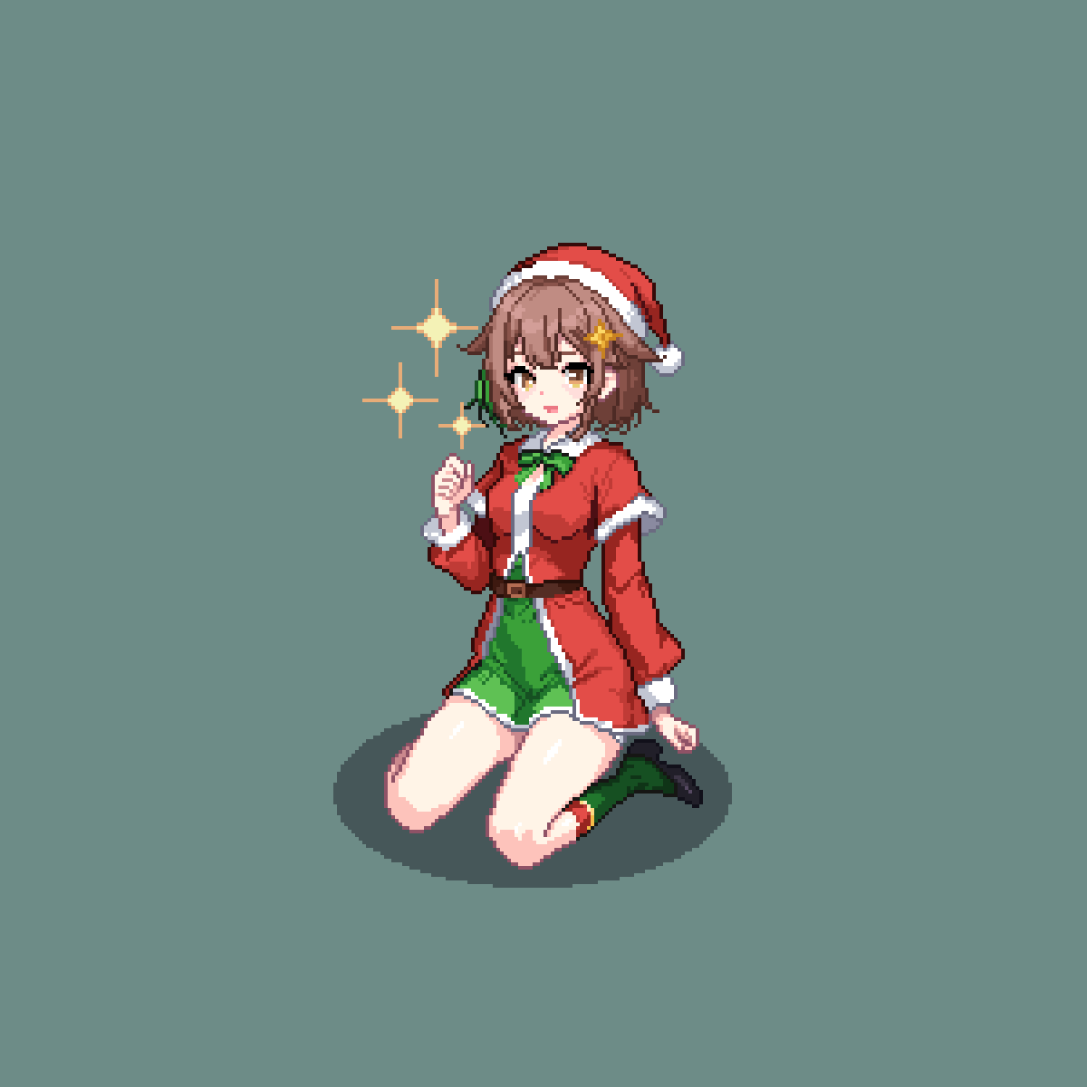 1girl :d belt black_shoes brown_belt brown_eyes brown_hair capelet christmas commentary dress full_body fur-trimmed_capelet fur-trimmed_headwear fur_trim green_dress green_socks grey_background hair_flaps hair_ornament hand_up hat highres indie_virtual_youtuber looking_at_viewer medium_hair meica_(vtuber) multicolored_socks open_mouth pixel_art red_capelet red_dress red_socks santa_costume santa_dress santa_hat sauron_luna shadow shoes simple_background sitting smile socks solo spanish_commentary sparkle star_(symbol) star_hair_ornament virtual_youtuber wariza
