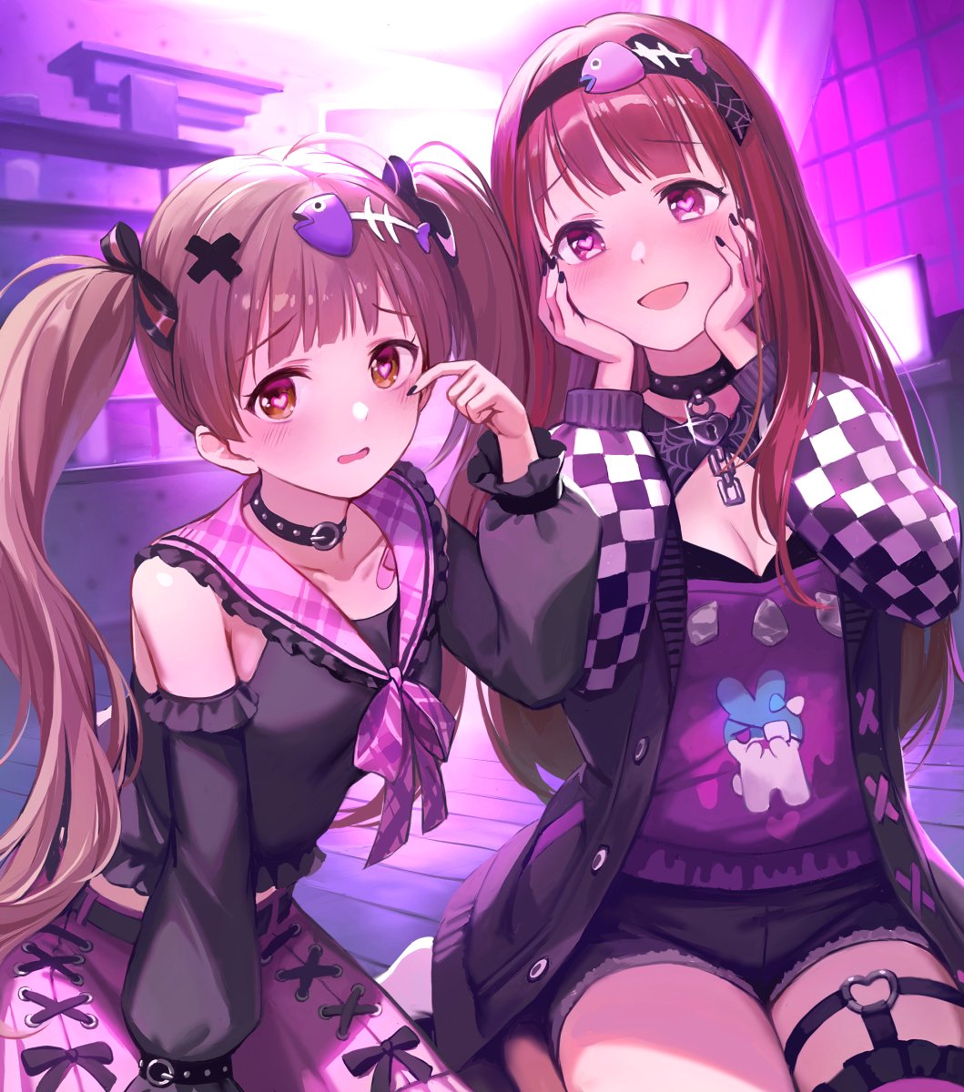 2girls ahoge black_cardigan black_choker black_hairband black_nails black_shorts blush breasts brown_eyes brown_hair cardigan choker cleavage commentary_request detached_sleeves fish_skeleton_hair_ornament frilled_sailor_collar frills hairband hakozaki_serika hakozaki_serika_(everyone_is_special) hands_on_own_face heart heart-shaped_lock heart-shaped_pupils heart_choker heart_o-ring highres idolmaster idolmaster_million_live! idolmaster_million_live!_theater_days indoors long_hair long_sleeves looking_at_viewer multiple_girls nail_polish neckerchief o-ring o-ring_thigh_strap open_cardigan open_clothes pink_neckerchief pink_sailor_collar plaid_clothes plaid_neckerchief plaid_sailor_collar sailor_collar shorts sitting studded_choker symbol-shaped_pupils tanaka_kotoha tanaka_kotoha_(only_see_you) thigh_strap tuna_picture twintails yandere yandere_trance