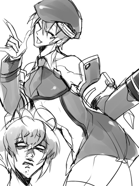 1boy 1girl \m/ antenna_hair arc_system_works bare_shoulders beret blazblue cosplay detached_sleeves dress closed_eyes gloves greyscale hat hazama kaneaki_mukku makoto_nanaya monochrome necktie noel_vermillion noel_vermillion_(cosplay) short_dress short_hair sketch solo_focus thighhighs uniform