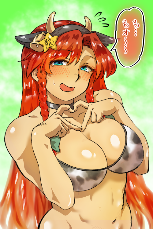 1girl animal_ears animal_print bikini blue_eyes blush braid cow_ears cow_print fake_animal_ears hong_meiling long_hair nunnun_(shunka_shuutou) red_hair swimsuit touhou twin_braids