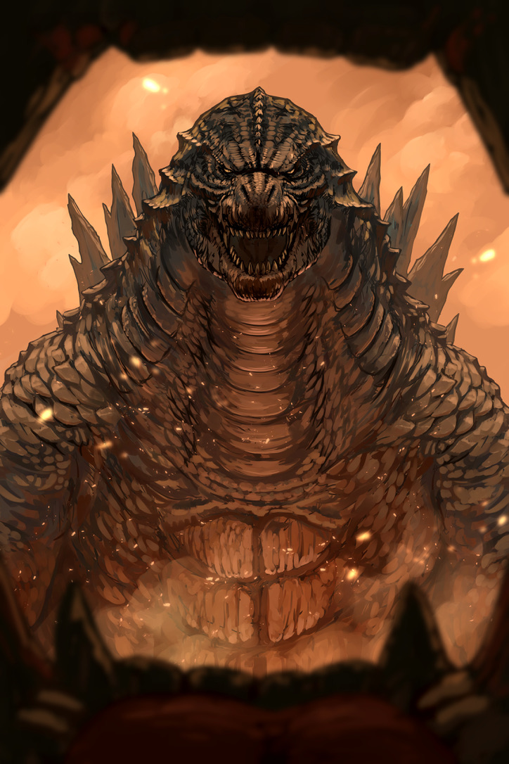 crossover dinosaur embers fangs giant giant_monster godzilla godzilla_(series) godzilla_vs._kong inside_creature kaiju king_kong king_kong_(series) legendary_pictures looking_at_viewer monster monster_focus monsterverse no_humans open_mouth pov sharp_teeth smoke spikes teeth toho tongue when_you_see_it yellow_eyes yumo80295386