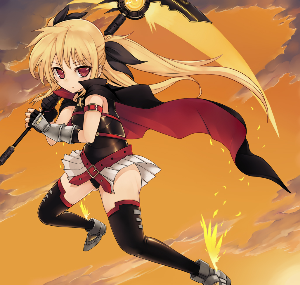00s 1girl ashita_(2010) asita_(2010) bad_id bad_pixiv_id bardiche_(nanoha) bardiche_(scythe_form)_(nanoha) belt black_thighhighs blonde_hair brown_eyes cape fate_testarossa fate_testarossa_(lightning_form) female_focus fingerless_gloves flying gloves long_hair lyrical_nanoha mahou_shoujo_lyrical_nanoha ponytail scythe solo thighhighs twintails
