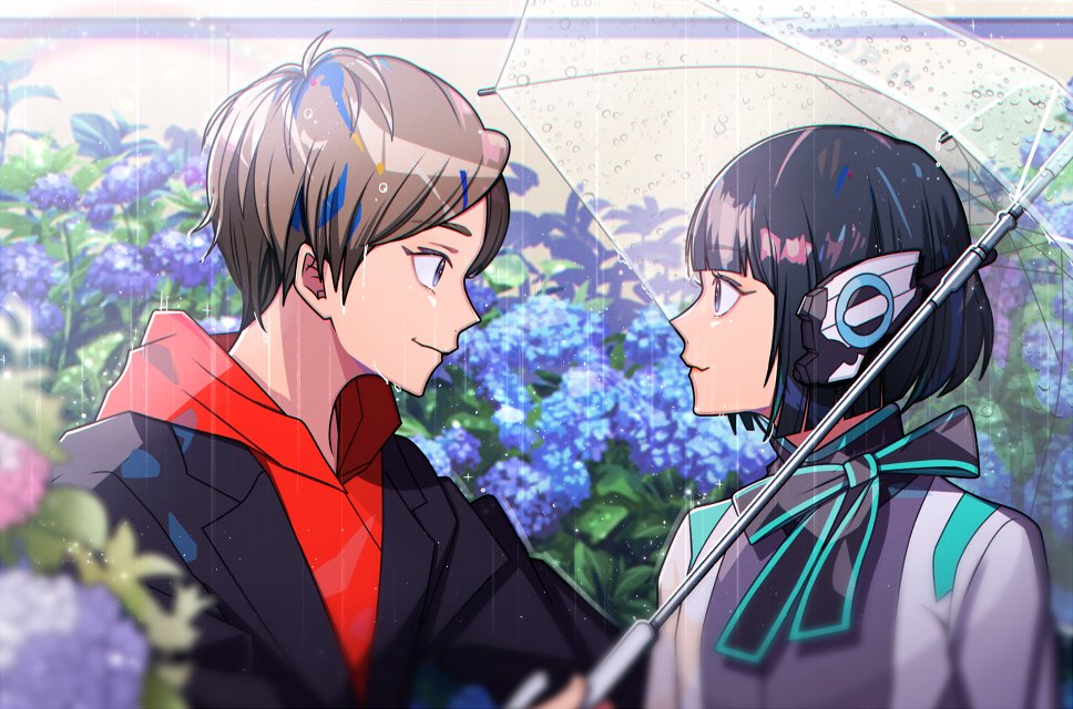 1boy 1girl android black_hair blue_eyes bob_cut bow bowtie brown_hair commentary flower from_side green_eyes hiden_aruto hito01 holding holding_umbrella hood hooded_jacket humagear_headphones is_(kamen_rider_01) jacket kamen_rider kamen_rider_01_(series) long_sleeves petals pointy_nose progrise_key rain rider_belt rose_petals short_hair smile symbol-only_commentary umbrella water_drop