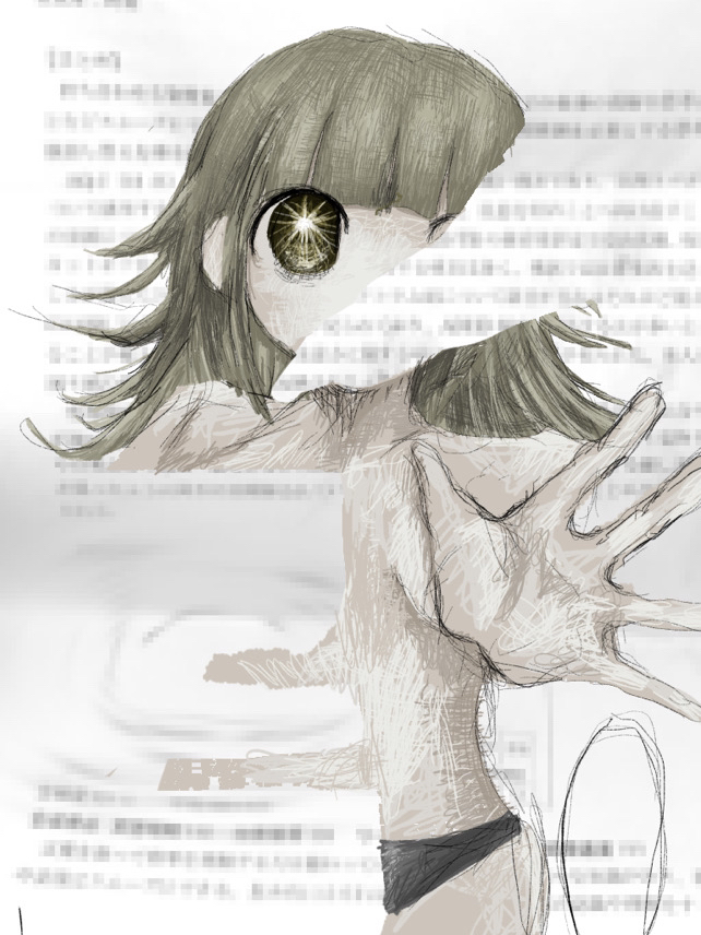 1girl abstract black_panties blonde_hair blunt_bangs blurry blurry_background breasts commentary_request expressionless long_hair looking_at_viewer mejiko_(mejj_37) no_mouth no_nose original outstretched_hand panties psychedelic reaching reaching_towards_viewer sketch small_breasts sparkling_eyes surreal text_background thighs topless_female underwear yellow_eyes