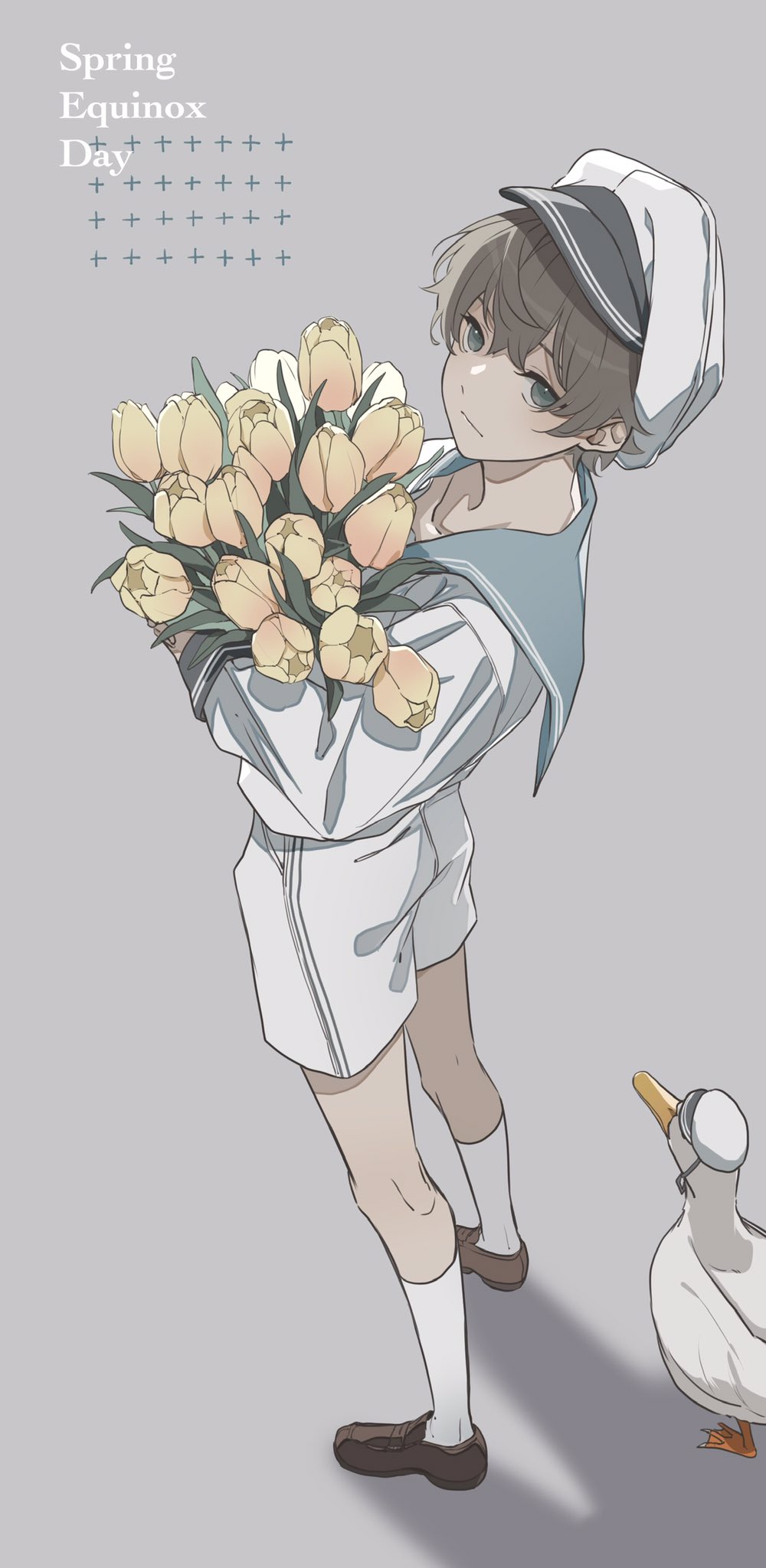 1boy animal bird bouquet brown_hair brown_shoes closed_mouth duck expressionless eyelashes flower full_body grey_background grey_eyes hat highres holding holding_bouquet kneehighs loafers long_sleeves looking_at_viewer male_focus miyato_o original sailor_collar shirt shoes short_hair shorts socks solo standing sway_back tulip white_shorts white_socks yellow_flower yellow_tulip
