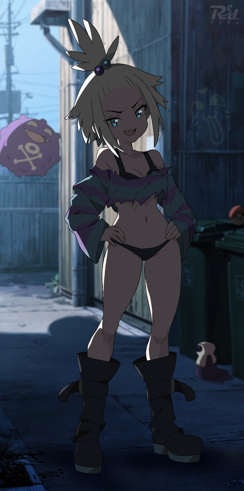 1girl alley artist_name bare_shoulders black_boots black_bra black_panties blue_eyes blurry blurry_background boots bra breasts commentary cropped_shirt day english_commentary full_body gen_1_pokemon graffiti hair_bobbles hair_ornament hands_on_own_hips highres koffing long_sleeves looking_at_viewer medium_breasts navel nintendo no_pants off-shoulder_shirt off_shoulder open_mouth outdoors panties poke_ball poke_ball_(basic) pokemon pokemon_(creature) pokemon_bw2 potion_(pokemon) power_lines r3dfive roxie_(pokemon) shirt smile solo standing striped_clothes striped_shirt topknot trash_can underwear utility_pole v-shaped_eyebrows white_hair