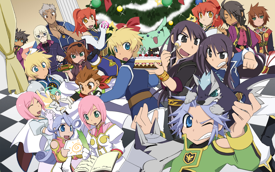 00s 6+boys 6+girls animal_ears annoyed bare_shoulders biting blonde_hair blue_eyes breasts brown_eyes brown_hair cake chastel_aiheap checkered_background christmas_tree clenched_teeth closed_eyes creature crossover curtains dio_(tales) dual_persona dutch_angle elbow_gloves estellise_sidos_heurassein etos_(tales) fake_animal_ears flynn_scifo food fork garista_luodur glasses gloves green_eyes high_ponytail hisca_aiheap indoors karol_capel kuruuru lambert long_hair looking_back mel_(tales) multiple_boys multiple_girls nylen_fedrock one_eye_closed peeking ponytail purple_hair quill raven_(tales) repede_(tales) rita_mordio short_hair small_breasts smile tales_of_(series) tales_of_phantasia:_narikiri_dungeon tales_of_phantasia:_narikiri_dungeon_x tales_of_vesperia tales_of_vesperia:_the_first_strike teeth white_gloves writing yellow_eyes yuri_lowell