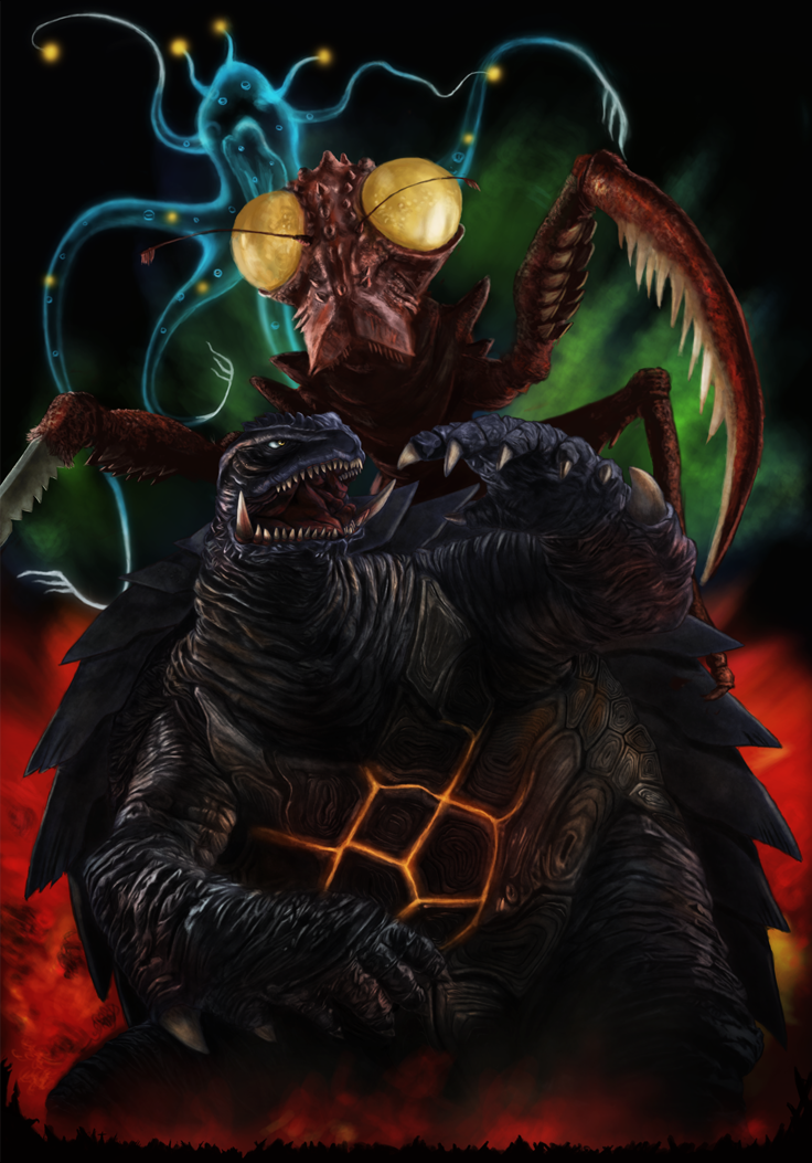 bioluminescence body_markings bug crossover daiei_film dogora dogora_(film) elemental_(creature) epic fire_elemental gamera gamera_(series) gamera_3:_revenge_of_iris giant giant_monster glowing glowing_markings glowing_veins godzilla_(series) kaiju kamacuras monster neon_trim praying_mantis son_of_godzilla tentacles toho turtle veins zeze zezest