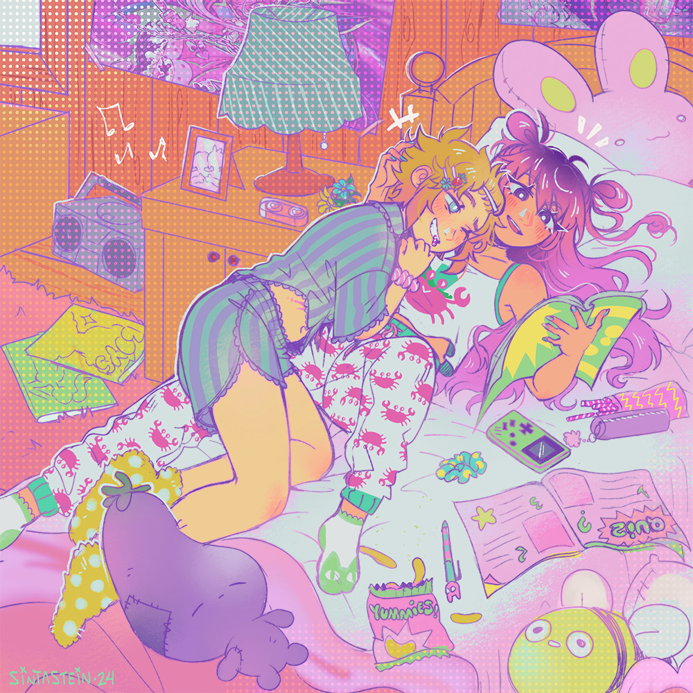 +++ 1boy 1girl :d ;d absurdly_detailed_composition alt_text alternate_costume alternate_hairstyle animal_print ankle_socks aqua_scrunchie artist_name aubrey_(faraway)_(omori) aubrey_(omori) bag_of_chips bangs_pinned_back bare_arms bare_shoulders basil_(faraway)_(omori) basil_(omori) bed black_eyes black_hair blonde_hair blue_eyes blue_flower book boombox bright_pupils camisole carpet character_print chips_(food) commentary crab_print double_bun english_commentary flower food food-themed_hair_ornament green_nails green_shirt green_shorts green_socks green_trim grin hair_bun hair_ornament hair_scrunchie hair_spread_out halftone halftone_background hand_on_another&#039;s_head hand_on_own_chin head_on_pillow holding holding_book knee_up lamp loaded_interior long_hair looking_at_object lying mewo midriff_peek mr._plantegg_(omori) multicolored_hair musical_note nail_polish navel nightstand no_shoes notice_lines omori on_back on_bed one_eye_closed open_book open_mouth outline pajamas pants pen pencil_case picture_frame pillow pink_hair polka_dot polka_dot_scrunchie polka_dot_socks red_carpet roots_(hair) scrunchie shirt short_hair shorts sintastein smile socks spelling_bee_(omori) star_(symbol) strawberry_hair_ornament striped_clothes striped_shirt striped_shorts stuffed_animal stuffed_bee stuffed_eggplant stuffed_rabbit stuffed_toy sweatpants teeth two-tone_hair unworn_scrunchie upper_teeth_only vertical-striped_clothes vertical-striped_shirt vertical-striped_shorts white_camisole white_outline white_pants white_pupils white_socks wooden_floor wooden_wall yellow_flower yellow_socks