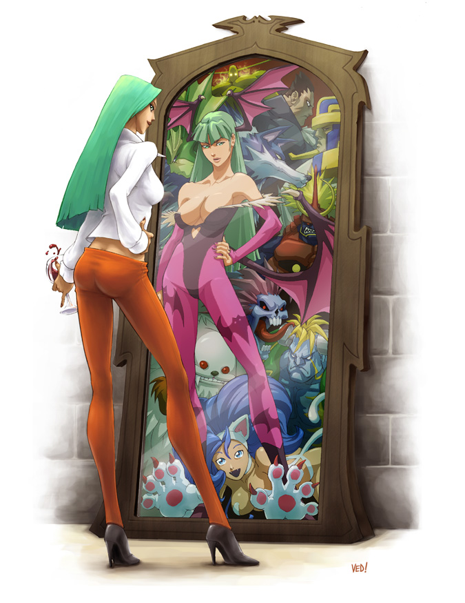3girls 4boys alcohol alien anakaris animal_ears animal_hands animal_print armor ass rikuo_(darkstalkers) aura bat_print bishamon_(darkstalkers) blonde_hair blue_eyes blue_hair blue_skin brazil breasts brown_hair capcom cat_ears cat_tail cleavage colored_skin cup demitri_maximoff demon_girl different_reflection drinking_glass dual_persona elemental_(creature) energy energy_being eric_vedder fangs felicia_(darkstalkers) fire fire_elemental fur jon_talbain green_hair hand_on_own_hip head_wings helmet high_heels hip_focus japanese_armor kabuto_(helmet) large_breasts leotard mirror morrigan_aensland multiple_boys multiple_girls mummy pantyhose pink_hair pinky_out plasma print_legwear pyron pyron_fire red_eyes reflection samurai sasquatch_(darkstalkers) shoes tail tongue vampire darkstalkers victor_von_gerdenheim werewolf white_eyes wine wine_glass wings wolf_ears lord_raptor