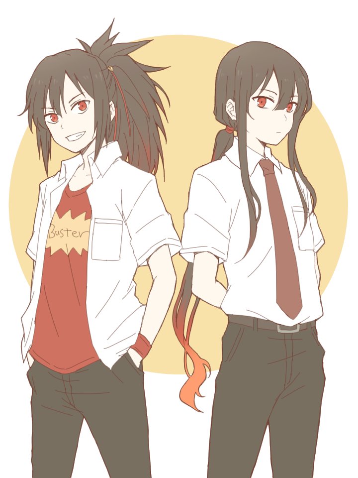 2boys alternate_costume arms_behind_back belt black_hair black_pants brothers brown_belt buster_shirt center-flap_bangs closed_mouth collarbone collared_shirt contemporary cowboy_shot double-parted_bangs fate/grand_order fate_(series) fiery_hair grin hair_between_eyes hair_ribbon hair_tie hands_in_pockets long_hair looking_at_viewer low_ponytail male_focus multiple_boys necktie oda_kippoushi_(fate) oda_nobukatsu_(fate) oda_nobunaga_(fate) open_clothes open_shirt pants ponytail red_eyes red_necktie red_ribbon ribbon school_uniform shirt shirt_tucked_in shirt_under_shirt short_sleeves siblings sidelocks smile standing teramoto_kei v-shaped_eyebrows very_long_hair white_background white_shirt wristband yellow_background