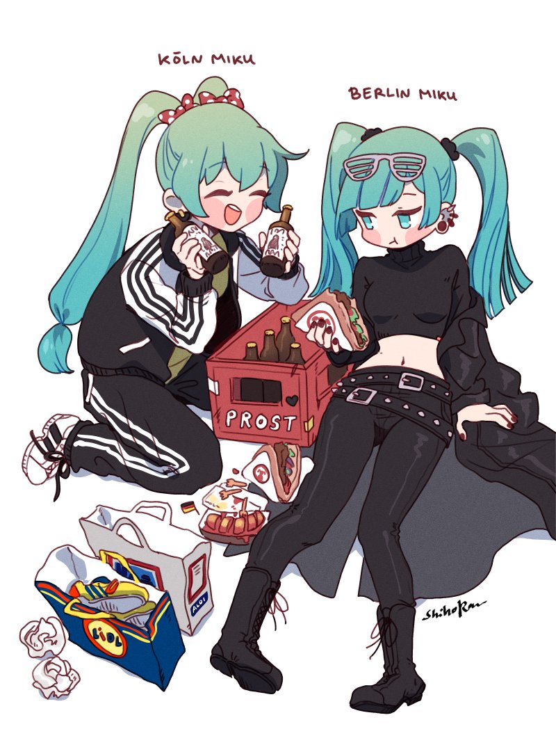 2girls alcohol aldi aqua_eyes aqua_hair beer belt black_belt black_jacket closed_eyes crop_top doner_kebab doner_sandwich dual_persona eating food german_commentary german_flag hatsune_miku jacket lidl long_sleeves multiple_girls navel pants prost sandwich shihoran track_jacket track_pants track_suit twintails vocaloid worldwide_miku