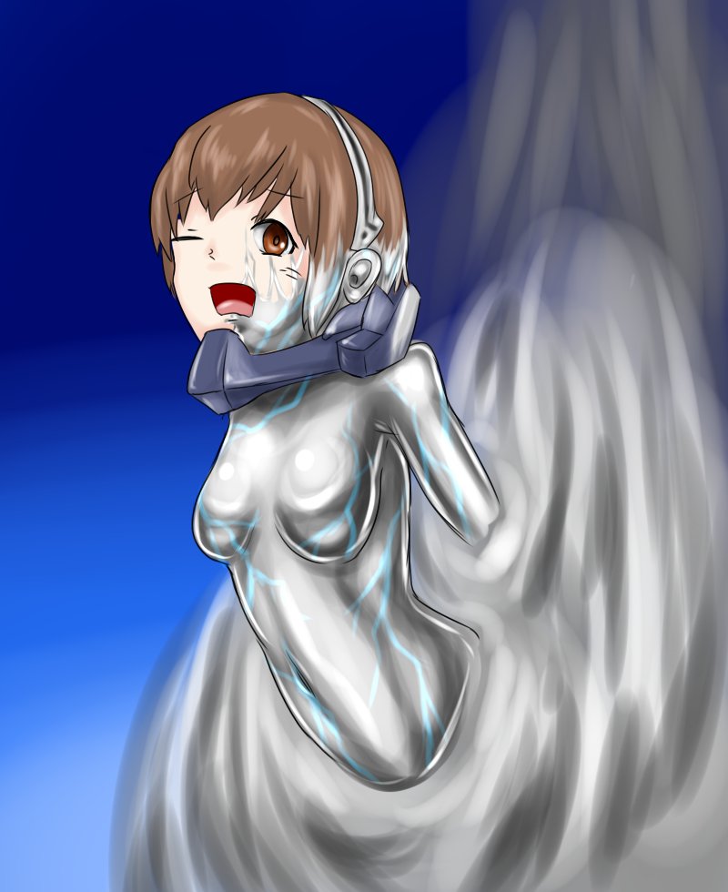1girl aomatu_spaghe blue_background breasts brown_eyes brown_hair female_focus godzilla:_city_on_the_edge_of_battle godzilla:_planet_of_the_monsters godzilla:_the_planet_eater godzilla_(series) medium_breasts metal metal_breasts metal_girl metal_skin multicolored_background nanometal nude one_eye_closed open_mouth polygon_pictures shiny_skin short_hair solo solo_focus stuck tani_yuko toho transformation transformation wide_hips
