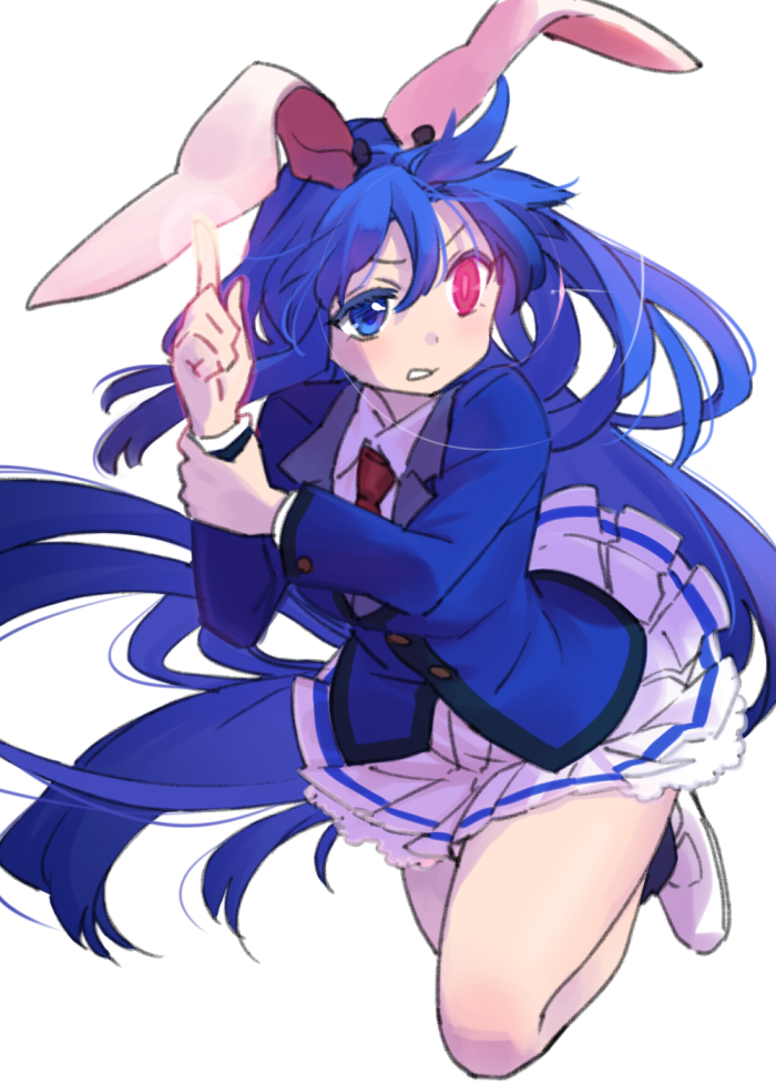 1girl alternate_hair_color animal_ears blazer blue_hair female_focus finger_gun heterochromia jacket long_hair long_sleeves necktie pine_(pine-box) pleated_skirt rabbit_ears reisen_udongein_inaba shirt shoes skirt solo thighs touhou very_long_hair