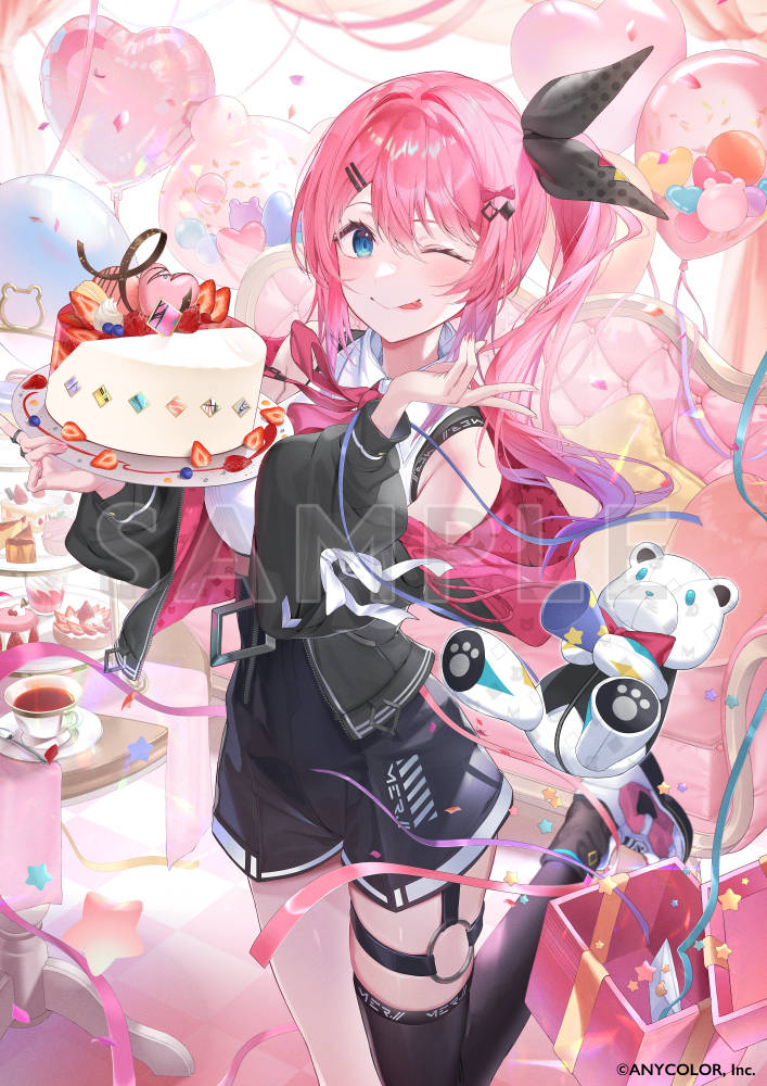 1girl alicecoco birthday_cake black_shorts black_socks black_thighhighs cake closed_mouth food hair_between_eyes hair_ornament kuramochi_meruto kuramochi_meruto_(1st_costume) long_hair long_sleeves nijisanji official_art one_eye_closed pink_hair pink_shoes sample_watermark shoes shorts single_thighhigh smile socks socks_over_thighhighs standing standing_on_one_leg thighhighs tongue tongue_out virtual_youtuber watermark