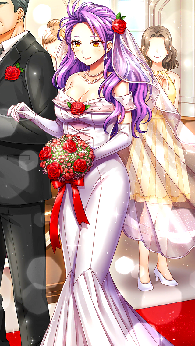 1boy 3girls black_hair black_jacket blush bouquet breasts brown_hair cleavage closed_mouth collarbone doukyuusei_(series) doukyuusei_2 doukyuusei_another_world dress earrings elbow_gloves faceless faceless_female flower game_cg gloves hair_flower hair_ornament holding holding_bouquet indoors jacket jewelry katagiri_mirei large_breasts lens_flare long_dress long_hair multiple_girls necklace off-shoulder_dress off_shoulder official_art purple_hair red_carpet red_flower red_rose rose smile sparkle veil very_long_hair wedding wedding_dress white_dress white_gloves