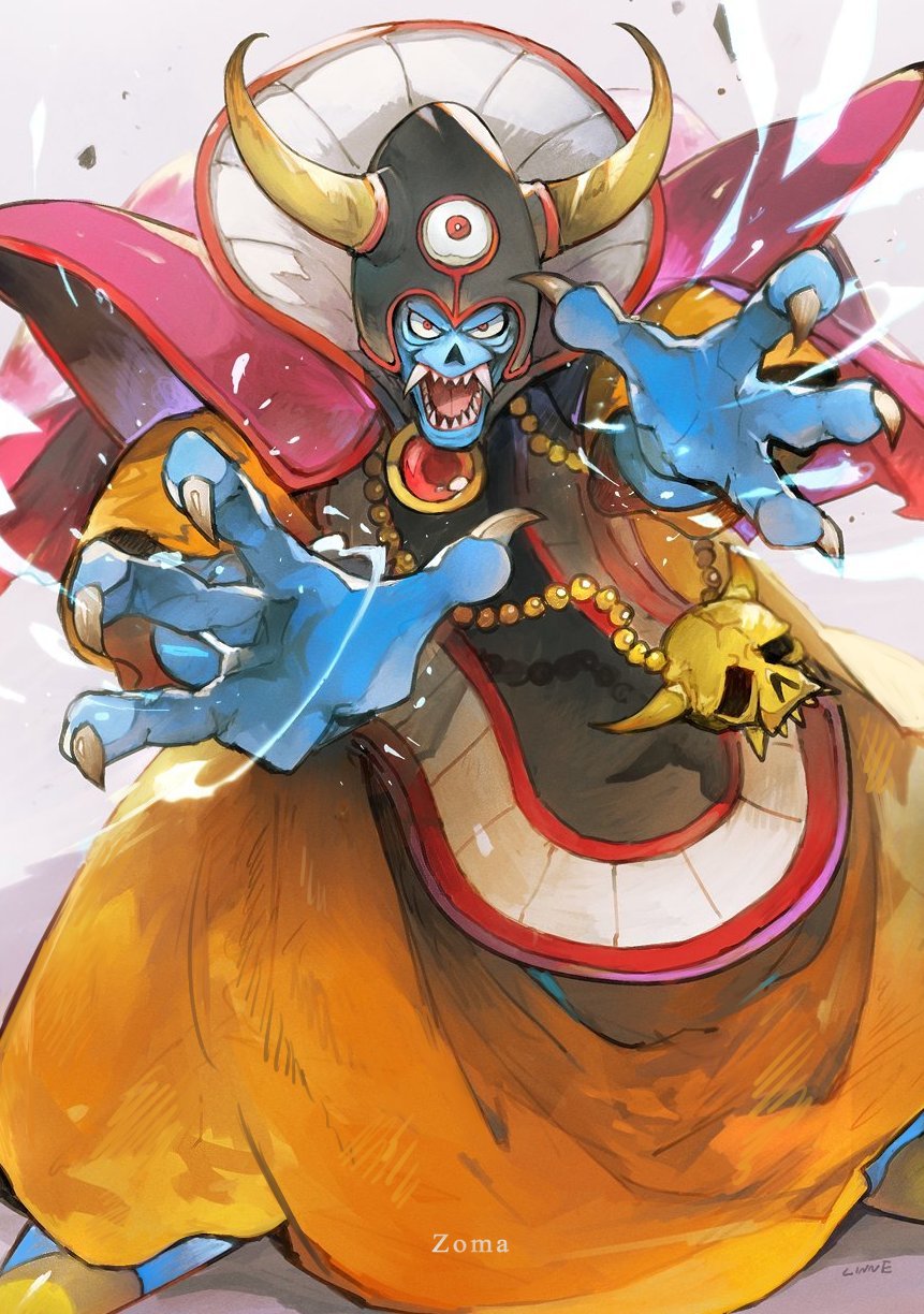 1boy blue_skin character_name claws colored_skin commentary_request demon dragon_quest dragon_quest_iii fangs fighting_stance high_collar highres horns jewelry linne_(hld_doreko) looking_at_viewer male_focus necklace open_hands open_mouth orange_tunic outstretched_arms red_eyes sharp_teeth shoulder_pads skull_necklace solo standing teeth tunic zoma