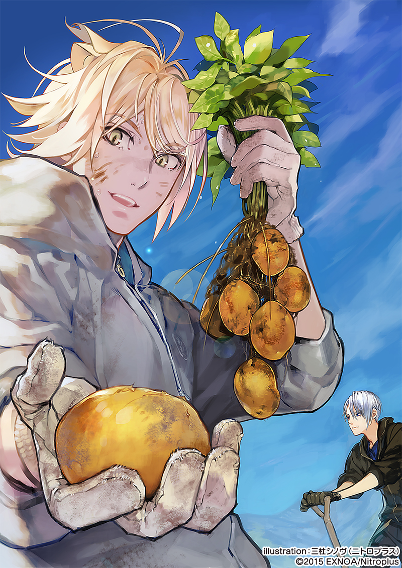 2boys black_gloves blonde_hair blue_eyes blue_sky dirty dirty_face gloves jacket male_focus multiple_boys nansen_ichimonji official_art open_mouth potato shovel sinov_mimori sky slit_pupils smile sweat touken_ranbu track_jacket white_gloves white_hair yamanbagiri_chougi yellow_eyes