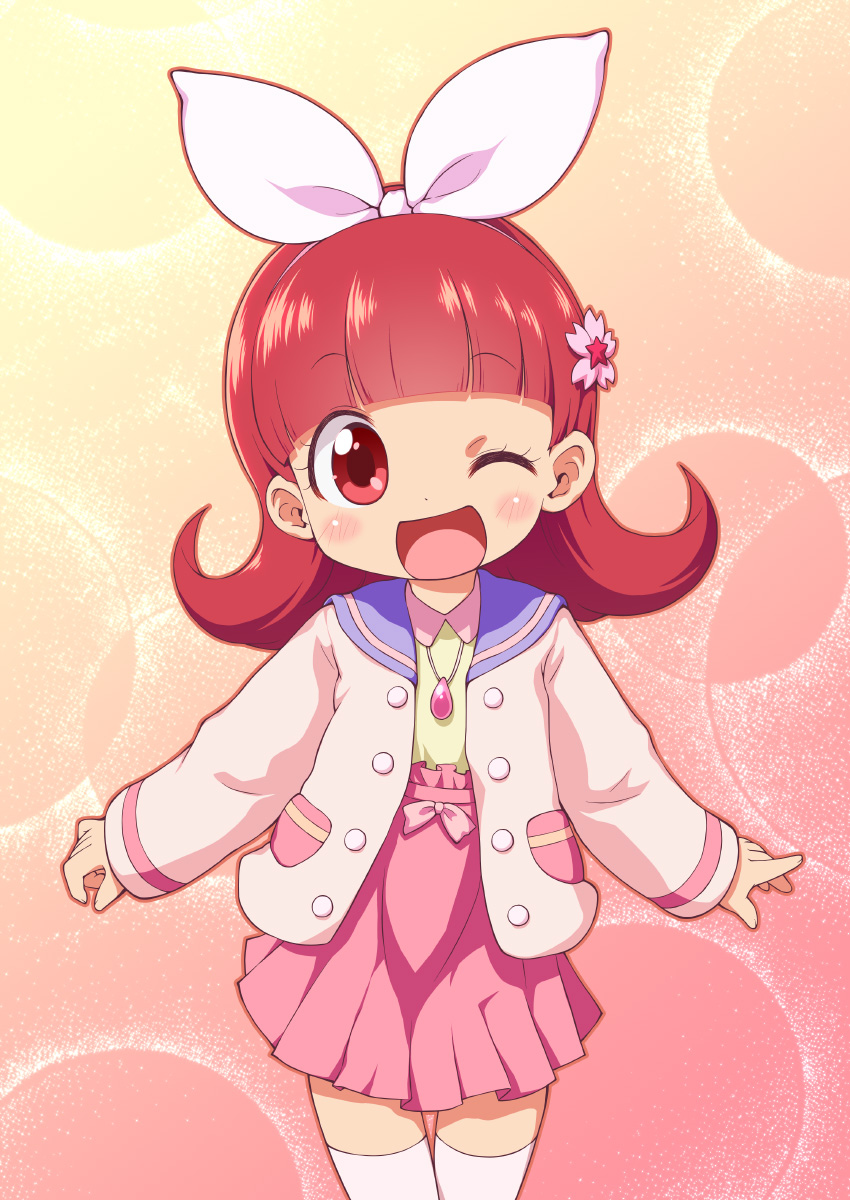 1girl ;d blush collared_shirt commentary_request female_focus fingernails flower hair_flower hair_ornament hair_ribbon head_tilt high-waist_skirt highres jacket jewelpet_(series) jewelpet_magical_change jewelry long_hair long_sleeves looking_at_viewer one_eye_closed open_clothes open_jacket open_mouth outstretched_arms pendant pink_hair pink_jacket pink_ribbon pleated_skirt red_eyes red_hair ribbon ruby_(jewelpet) sakurabe_notos shirt skirt sleeves_past_wrists smile solo thighhighs white_thighhighs yellow_shirt