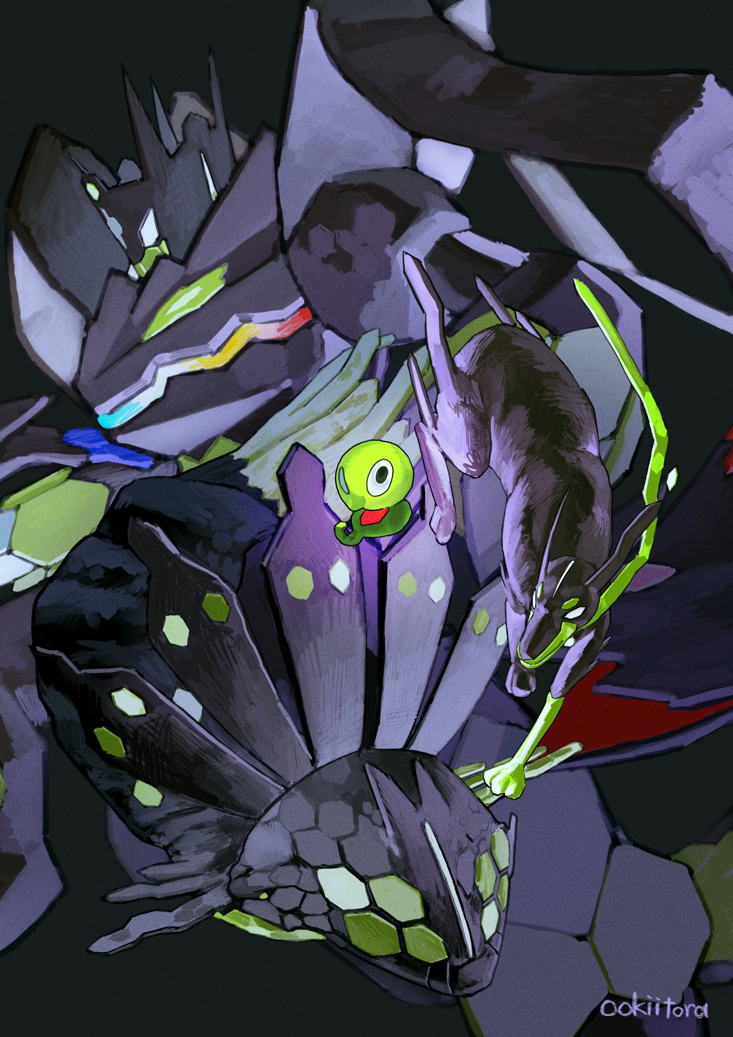 artist_name black_background black_fur blank_eyes dog gen_6_pokemon hexagon highres legendary_pokemon looking_at_viewer nintendo no_humans ookiitora128706 pokemon pokemon_(creature) pokemon_focus simple_background snout white_eyes zygarde zygarde_(10) zygarde_(50) zygarde_(complete) zygarde_core