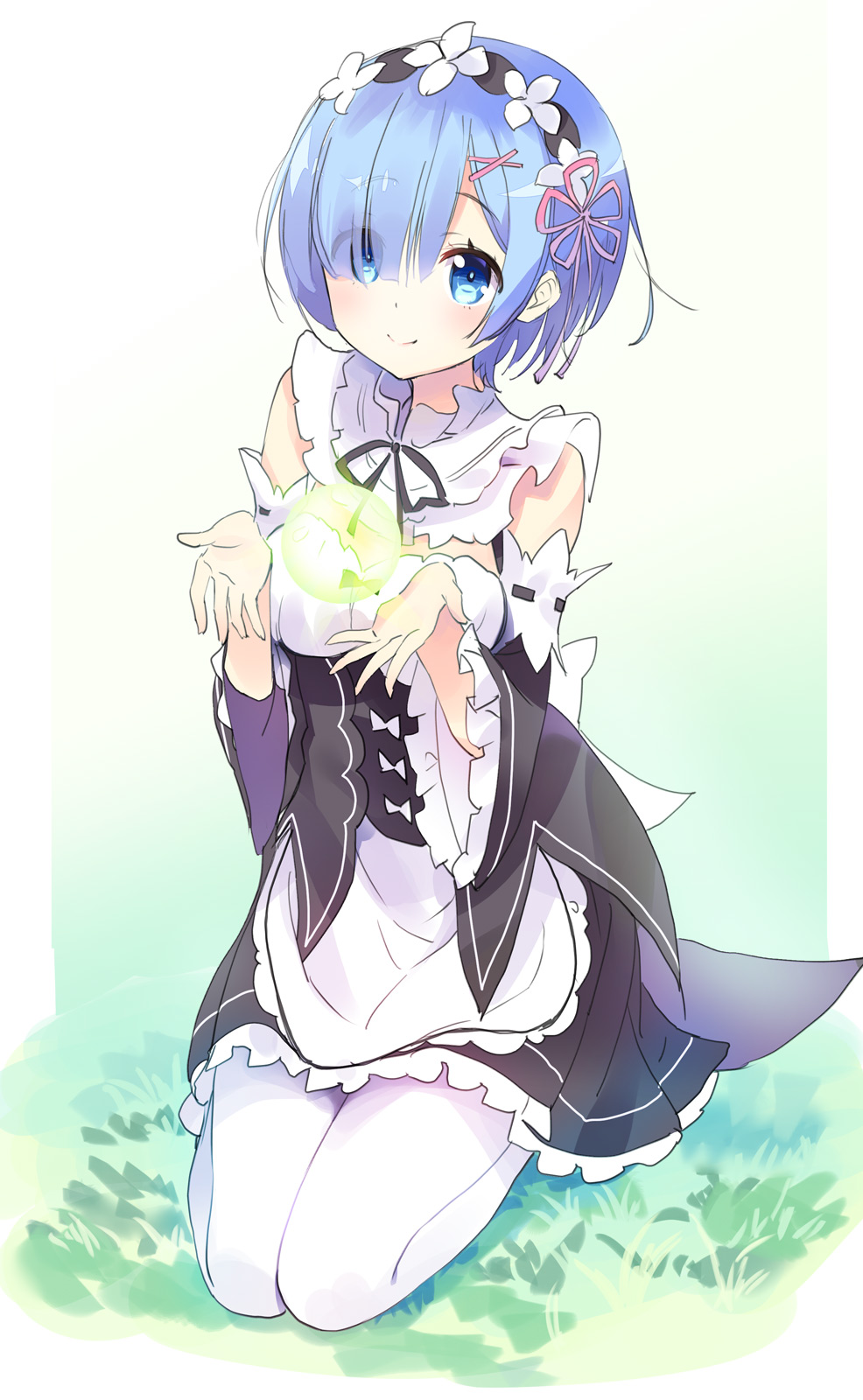 10s 1girl apron black_ribbon blue_eyes blue_hair blush closed_mouth commentary_request detached_sleeves eyebrows eyes_visible_through_hair female_focus hair_ornament hair_over_one_eye hair_ribbon hairband hairclip highres long_sleeves looking_at_viewer maid matching_hair/eyes neck_ribbon pink_ribbon re:zero_kara_hajimeru_isekai_seikatsu rem_(re:zero) ribbon ribbon-trimmed_sleeves ribbon_trim seiza short_sleeves sitting smile solo waist_apron white_apron white_legwear wide_sleeves x_hair_ornament youta