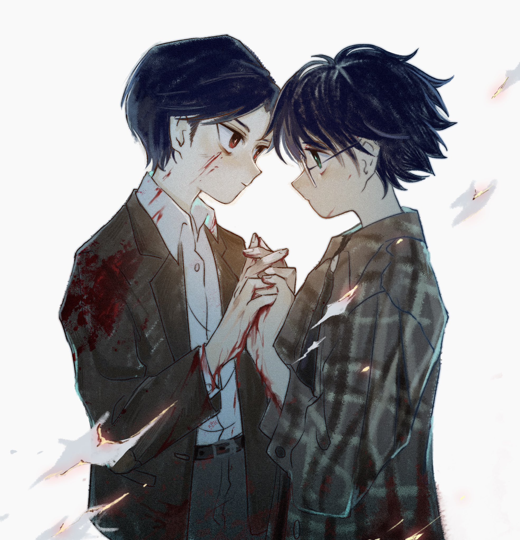 2boys bakabakalii belt black_belt black_hair black_jacket blood blood_on_clothes blood_on_face blood_on_hands collared_shirt glasses green_eyes grey_pants hair_between_eyes harry_potter harry_potter_(series) highres holding_hands interlocked_fingers jacket male_focus multiple_boys pants parted_bangs plaid_clothes plaid_jacket red_eyes shirt short_hair suit_jacket tom_marvolo_riddle upper_body white_background white_shirt wizarding_world yaoi