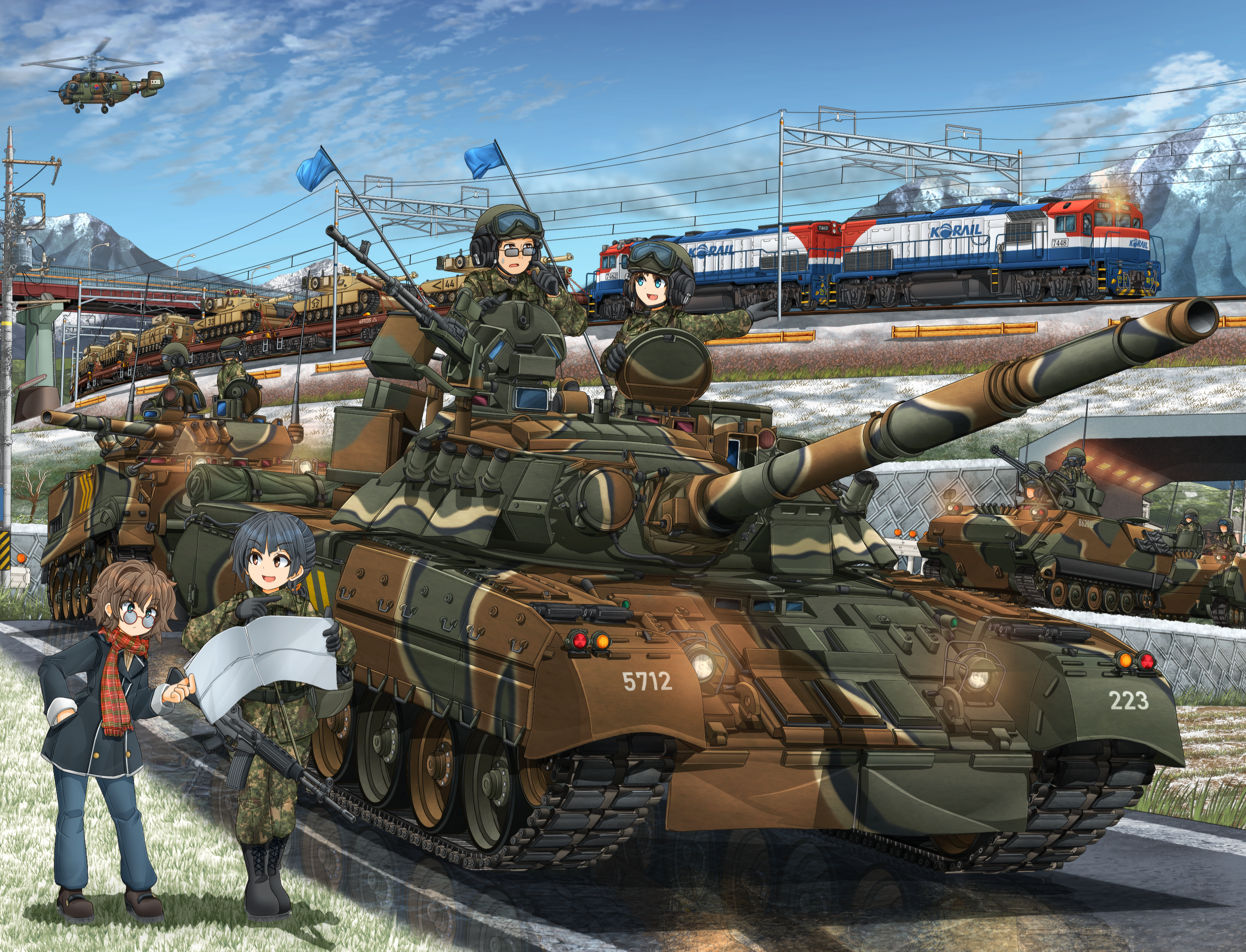 3boys 3girls assault_rifle black_gloves bmp-3 boots bridge brown_eyes brown_hair camouflage cloud combat_boots daewoo_k2 daewoo_k200 daewoo_k263 diesel_locomotive digital_camouflage fang flag flag_on_vehicle freight_train glasses gloves goggles goggles_on_headwear gun hatch headset helmet highres huge_filesize k263 kamov_ka-27 locomotive m1_abrams m2_bradley machine_gun map mask mikeran_(mikelan) military military_combat_uniform military_uniform military_vehicle motor_vehicle mountain multiple_boys multiple_girls original pointing radio_antenna railroad_tracks reflection republic_of_korea_army rifle road scarf shadow sky soldier sweatdrop t-80 t-80u tank train weapon