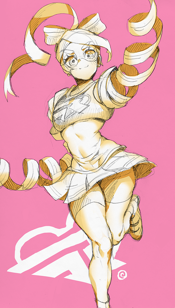 1girl arm_up arms_(game) bike_shorts bow domino_mask female_focus hair_bow logo long_arms long_hair looking_at_viewer mask monochrome nekobayashi_(nekoforest) nintendo pink_background pleated_skirt ponytail ribbon_girl_(arms) skirt smile solo standing standing_on_one_leg