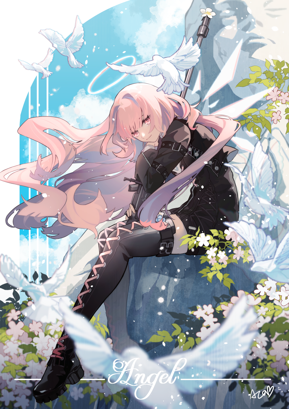 1girl arknights bird black_dress black_jacket boots dove dress flower gun halo highres jacket lemuen_(arknights) long_hair pink_eyes pink_hair puyue rifle signature sitting sniper_rifle statue thigh_boots weapon