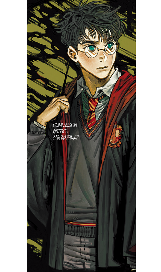 1boy black_hair closed_mouth commentary_request commission glasses green_eyes grey_pants grey_sweater harry_potter harry_potter_(series) hogwarts_school_uniform holding holding_wand korean_commentary long_sleeves male_focus messy_hair necktie pants pillarboxed round_eyewear scar scar_on_face scar_on_forehead school_uniform shirt solo striped_necktie sweater t5rch wand white_shirt wizarding_world