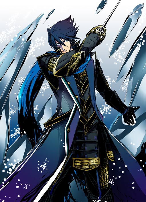 armor black_hair scarf sengoku_musou spiked_hair sword toudou_takatora_(sengoku_musou) weapon