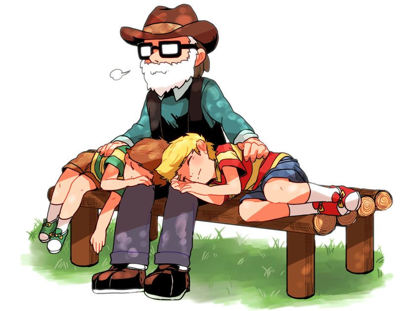 3boys a_10sun alec_(mother) beard blonde_hair brothers brown_hair brown_shoes child claus_(mother_3) cowboy_hat facial_hair glasses grandfather_and_grandson grass green_shoes hat lap_pillow lucas_(mother_3) male_focus mother_(series) mother_3 multiple_boys nintendo old old_man on_bench red_shoes shirt shoes shorts siblings sleeping socks striped_clothes striped_shirt twins white_hair white_socks