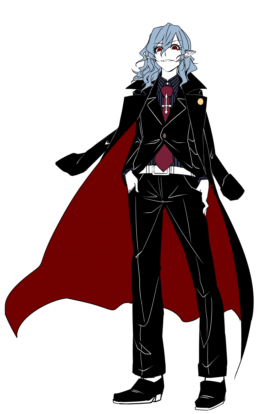 1girl aged_up alternate_costume belt black_coat black_jacket black_pants black_shoes blue_hair coat coat_on_shoulders cross earrings formal_clothes full_body hair_between_eyes highres inverted_cross jacket jewelry latin_cross long_sleeves looking_at_viewer medium_hair necktie open_clothes open_coat pants parted_lips pointy_ears red_coat red_eyes red_necktie remilia_scarlet shoes shukusuri simple_background smile solo standing stud_earrings thumbs_in_pockets touhou two-sided_coat two-sided_fabric white_background white_belt