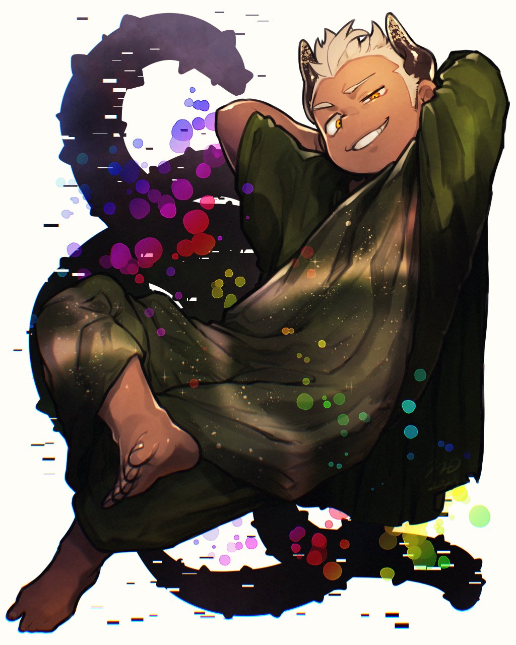 1boy arms_behind_head azathoth_(housamo) barefoot commentary_request crossed_legs dark-skinned_male dark_skin demon_boy demon_horns full_body glitch grin highres horns male_focus mid_(mid_skb) rainbow robe short_hair sideburns simple_background smile solo tentacles tokyo_houkago_summoners uneven_eyes white_background white_hair yellow_eyes