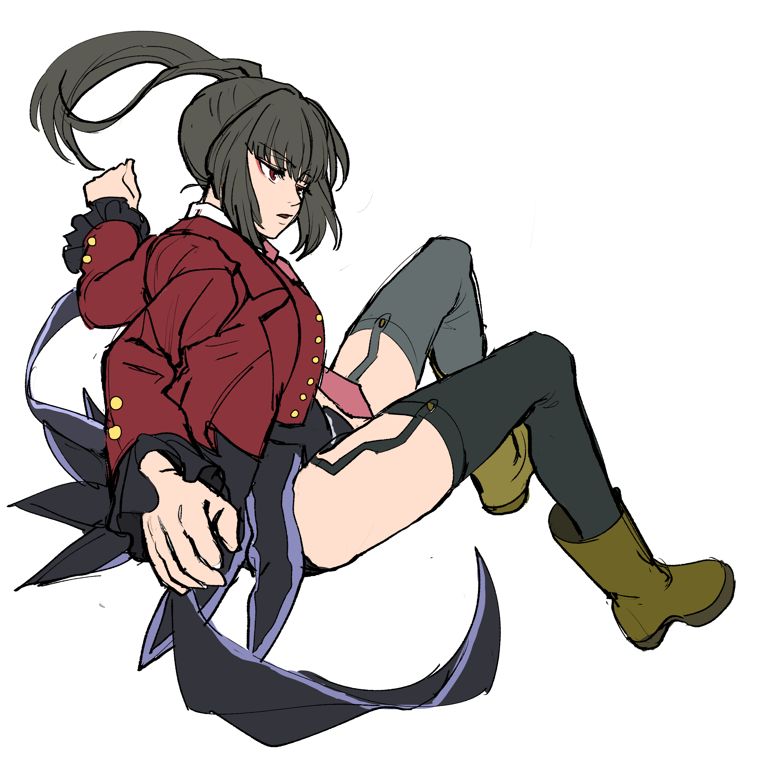 1girl absurdres bad_id bad_pixiv_id belphegor_(umineko) black_hair black_leotard black_thighhighs boots coattails collared_shirt facing_away frilled_sleeves frills garter_straps high_ponytail highres jacket kuya_(hey36253625) leotard necktie pink_necktie ponytail red_eyes red_jacket shirt solo thighhighs thighs umineko_no_naku_koro_ni white_shirt