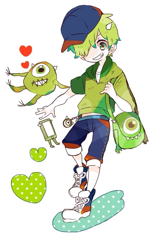 1boy bag baseball_cap commentary_request green_eyes hair_over_one_eye hat hood hoodie horns male_focus mike_wazowski monsters_inc. monsters_university one-eyed personification repikinoko sharp_teeth short_hair smile teeth