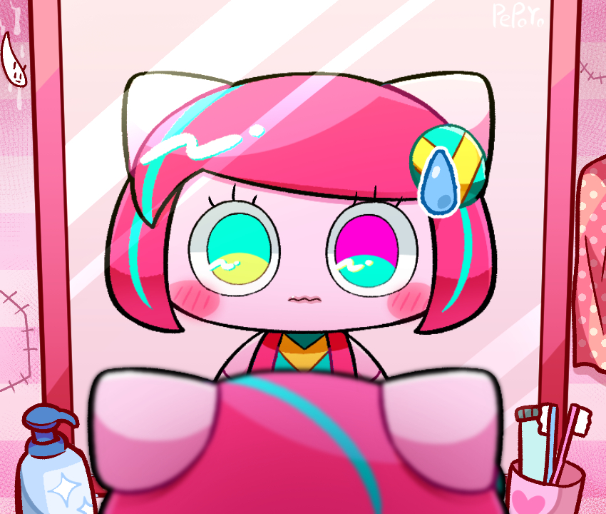1girl :s animal_ears aqua_eyes aqua_hair aqua_leotard blush cat_ears chibi chibi_only colored_skin cup hairpods heart heterochromia leotard looking_at_mirror mirror multicolored_hair multicolored_leotard no_eyebrows pepoyo pink_eyes pink_hair pink_leotard pink_skin pink_theme polka_dot poyoroid short_hair soap_dispenser solo streaked_hair swept_bangs toothbrush utau yellow_leotard
