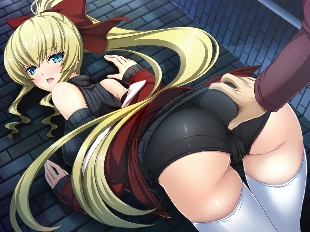 1boy 1girl against_wall ass bare_shoulders bent_over black_shorts black_sweater blonde_hair blue_eyes blush bow breasts brick_wall casual cowboy_shot detached_sleeves dutch_angle floating_hair from_behind game_cg grabbing_another&#039;s_ass groping hair_between_eyes hair_bow hetero high_ponytail inoino jacket kouyoku_senki_exs-tia large_breasts large_variant_set long_hair long_sleeves looking_at_viewer looking_back night non-web_source off_shoulder official_art open_clothes open_jacket open_mouth outdoors ponytail red_bow red_jacket ribbed_sweater rieszverne_suzette_paladill short_shorts shorts sidelocks sleeveless sleeveless_sweater sleeveless_turtleneck sleeves_past_wrists smile solo_focus standing sweater thigh_gap thighhighs turtleneck turtleneck_sweater variant_set very_long_hair white_thighhighs