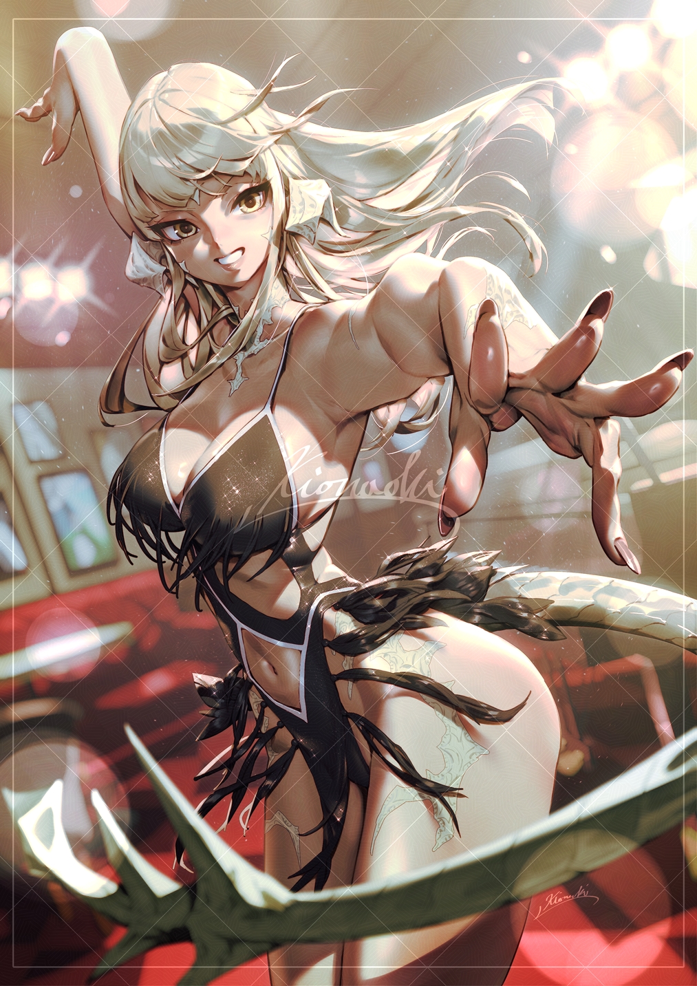 1girl bare_arms blurry blurry_background clothing_cutout dancing highres kionaoki navel original reaching reaching_towards_viewer solo tail