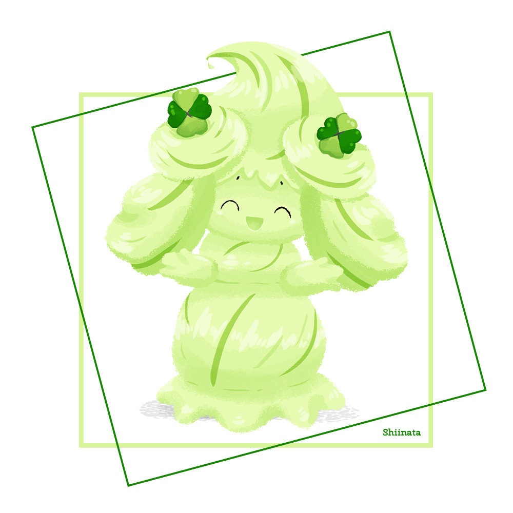 ^_^ alcremie alcremie_(clover_sweet) alcremie_(matcha_cream) closed_eyes creature facing_viewer full_body gen_8_pokemon green_theme nintendo no_humans pokemon pokemon_(creature) shiinata signature simple_background solo standing white_background