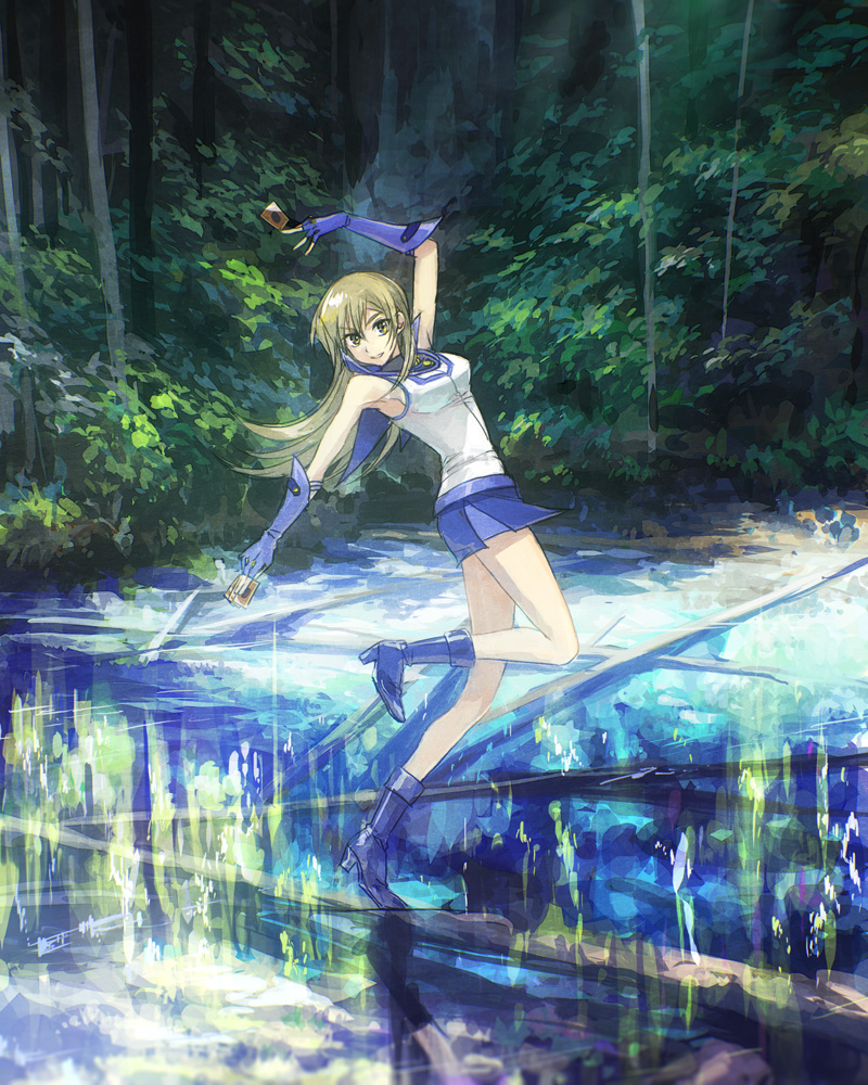 1girl arm_up blonde_hair blue_footwear blue_gloves blue_skirt branch brown_eyes bush card dancing dappled_sunlight facing_to_the_side forest gloves grass holding holding_card jacket knee_up leaf leaning_back log looking_at_viewer moribuden nature outdoors pond reflection reflective_water rock skirt standing standing_on_one_leg sunlight tenjouin_asuka tree water white_jacket yu-gi-oh! yu-gi-oh!_gx