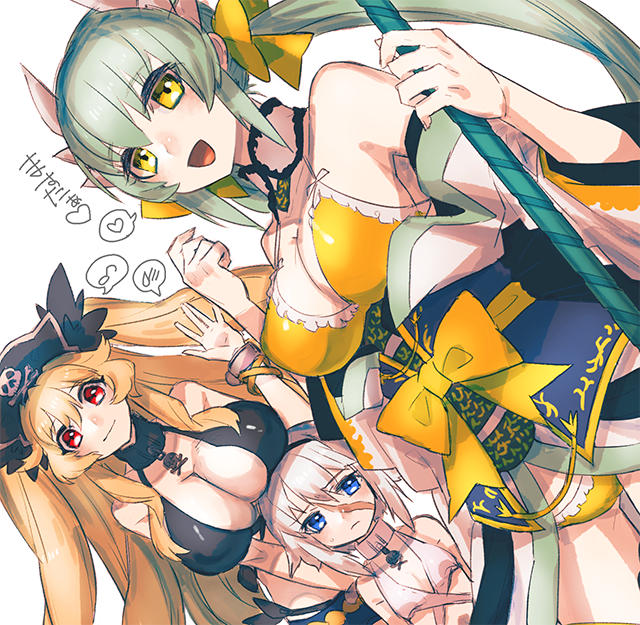 anne_bonny_(fate) anne_bonny_(swimsuit_archer)_(first_ascension)_(fate) artist_request bikini black_bikini blonde_hair blue_eyes breasts collar fate/grand_order fate_(series) hat jewelry kiyohime_(fate) kiyohime_(swimsuit_lancer)_(first_ascension)_(fate) large_breasts long_hair looking_at_viewer mary_read_(fate) mary_read_(swimsuit_archer)_(first_ascension)_(fate) metal_collar multiple_girls necklace pirate pirate_hat red_eyes scar scar_on_face skull_and_crossbones skull_necklace small_breasts smile swimsuit very_long_hair white_hair
