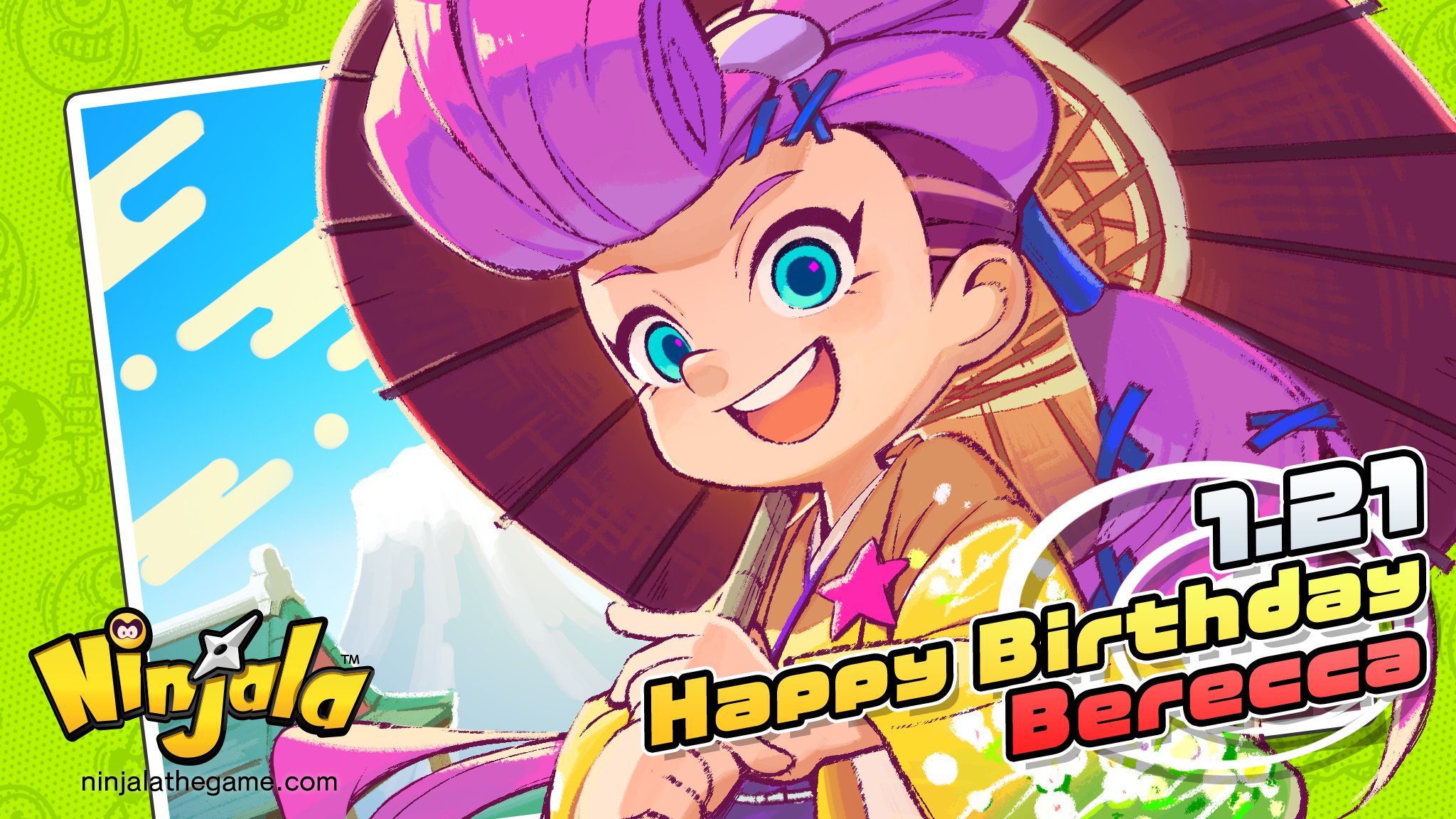absurdly_long_hair alternate_costume aqua_eyes badge berecca big_hair birthday blue_pupils blue_sky building button_badge character_background child cloud commentary copyright_name copyright_notice egasumi english_commentary english_text eyelashes flat_chest floral_background floral_print_sleeves green_sleeves gumchi gungho hair_ornament hair_rings hairclip halftone happy happy_birthday head_tilt highres japanese_clothes kimono logo long_hair looking_at_viewer mount_fuji mountain ninjala obi obijime official_art oil-paper_umbrella open_mouth outline parasol pink_hair polka_dot pompadour ponytail purple_outline purple_sash red_umbrella rianti-wong rooftop sash second-party_source shuriken single_hair_ring sky smile star_(symbol) teeth two-tone_sleeves umbrella undercut upper_body upper_teeth_only very_long_hair watermark weapon web_address wide_sleeves x_hair_ornament yellow_clouds yellow_kimono yellow_sleeves