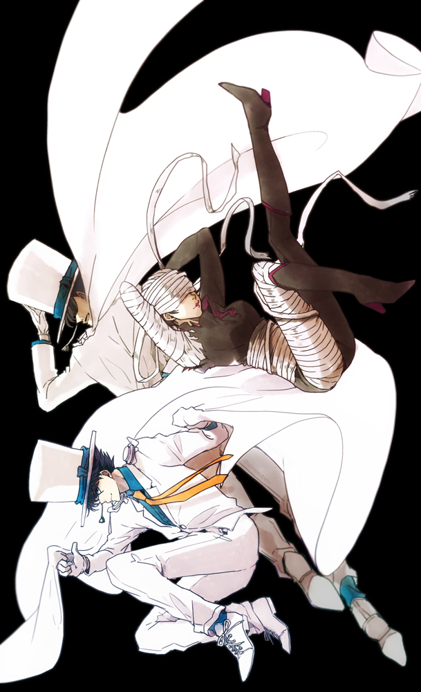 1girl 2boys aonosubete arms_behind_head bandages black_background boots brown_hair cape commentary_request covered_eyes facial_hair family father_and_son floating_cape floating_clothes formal_clothes gloves hat high_heel_boots high_heels husband_and_wife kaitou_kid kuroba_chikage kuroba_kaito kuroba_touichi leg_up magic_kaito monocle_chain mother_and_son multiple_boys mustache necktie orange_necktie parent_and_child phantom_lady_(magic_kaito) red_lips short_hair suit top_hat white_cape white_footwear white_gloves white_suit