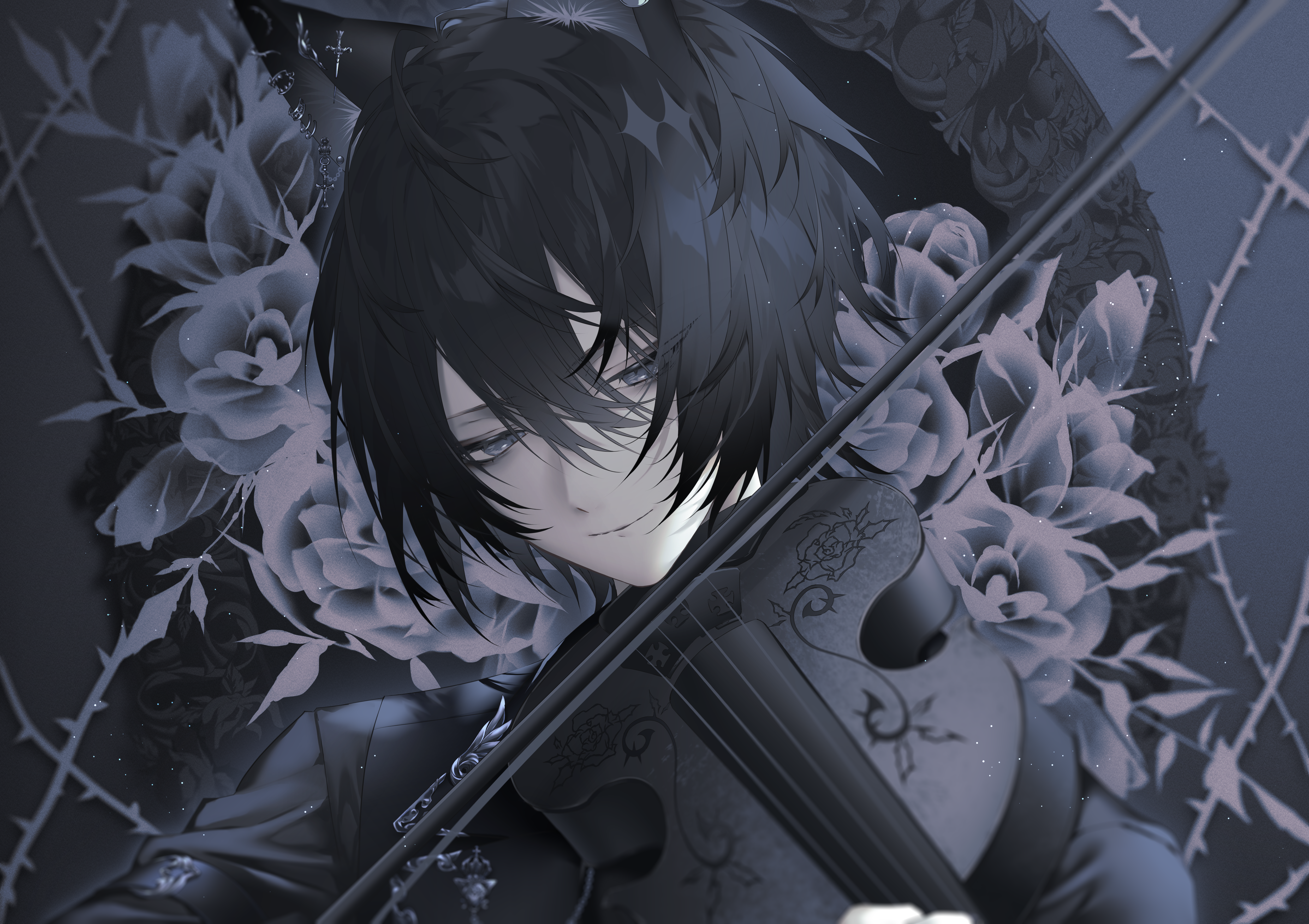 1boy absurdres animal_ear_fluff animal_ear_piercing animal_ears black_hair black_jacket bow_(music) cat_boy cat_ears chair closed_mouth commentary cross cross_earrings earrings flower goth_fashion grey_eyes grey_flower hair_between_eyes head_rest highres holding holding_instrument holding_violin instrument jacket jewelry kotarou_(kot_mochi) latin_cross light_smile male_focus music on_chair original playing_instrument short_hair solo upper_body violin