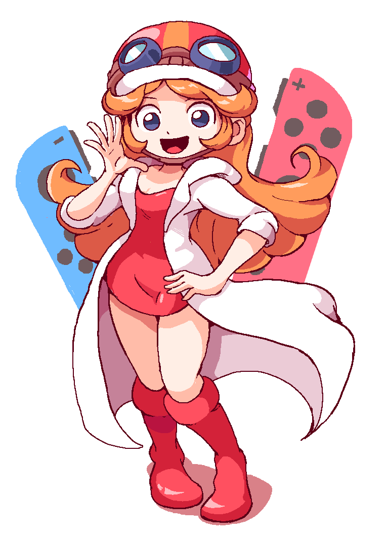 1girl blue_eyes coat dress ioh joy-con long_hair looking_at_viewer mona_(warioware) nintendo open_mouth orange_hair red_dress red_footwear simple_background smile warioware white_background white_coat