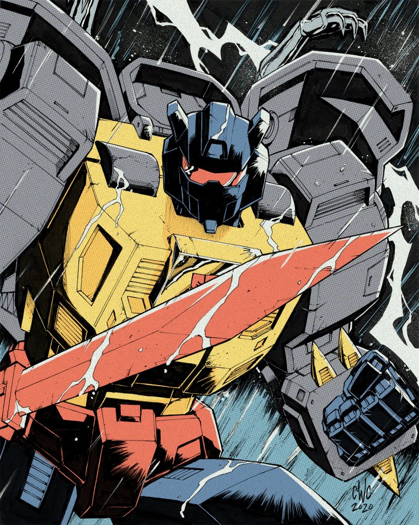 1980s_(style) 1boy autobot casey_w._coller clenched_hand commentary english_commentary grimlock holding holding_sword holding_weapon insignia looking_at_viewer mecha mecha_focus no_humans oldschool retro_artstyle robot solo sword transformers visor weapon